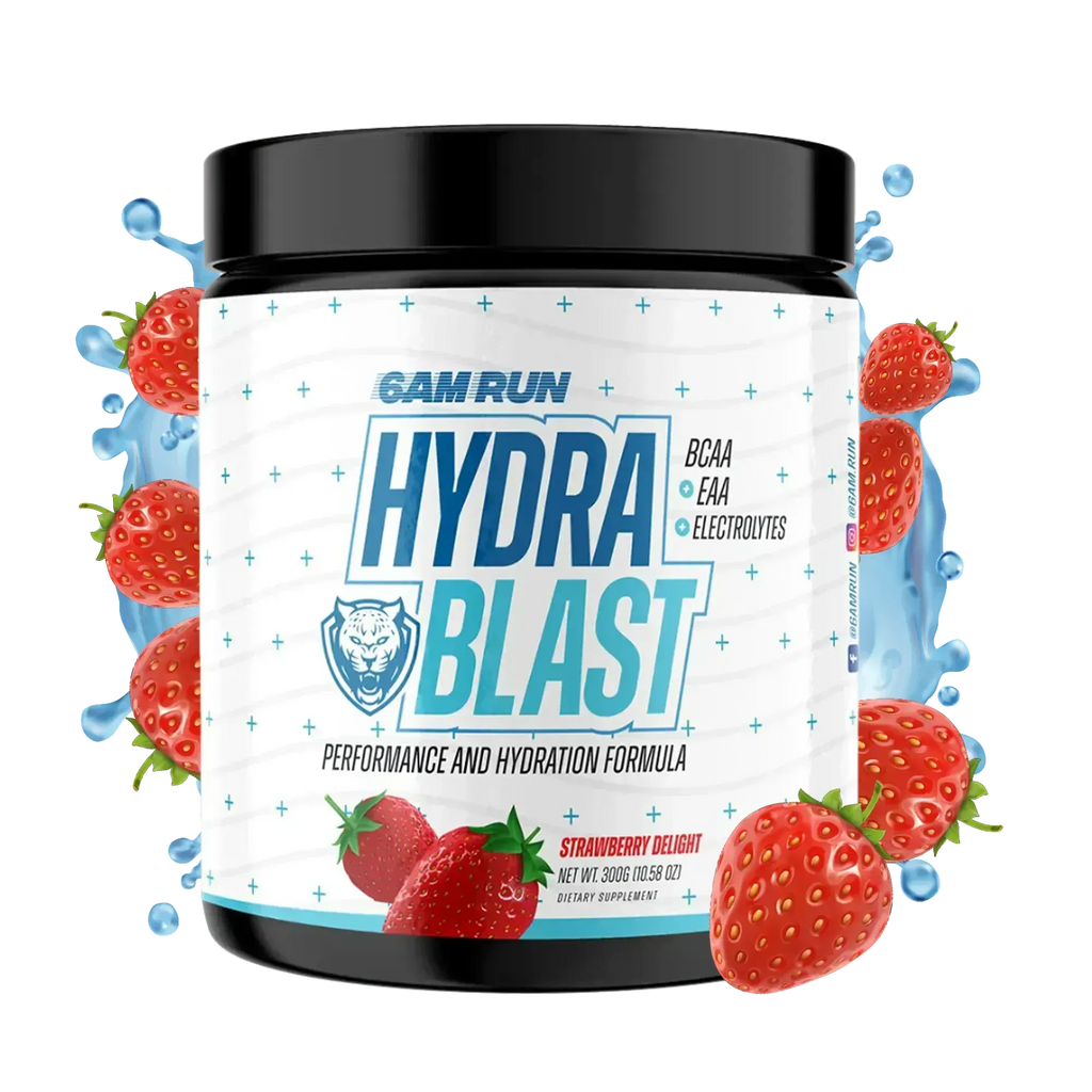 Supplement container labeled 'Hydra Blast' with strawberries on a white background