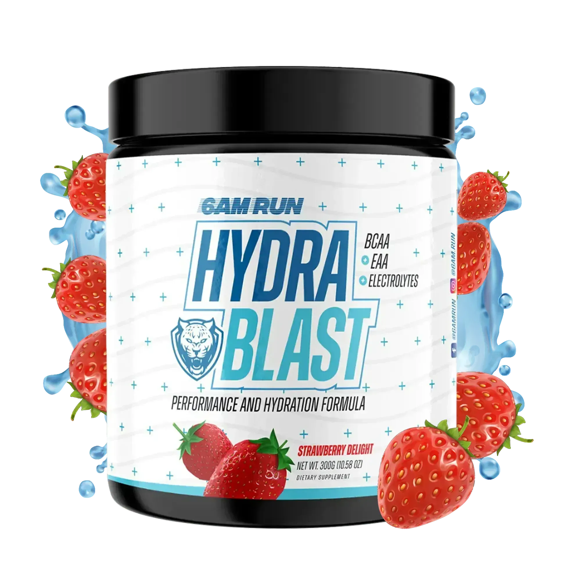 Supplement container labeled 'Hydra Blast' with strawberries on a white background