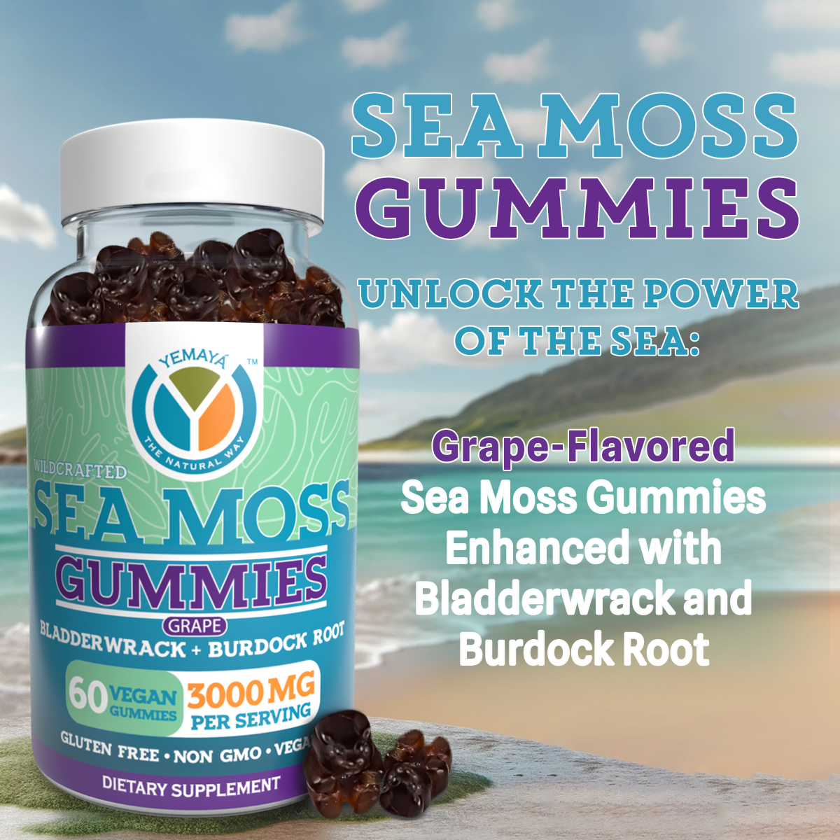 Sea Moss Gummies bottle with scenic background