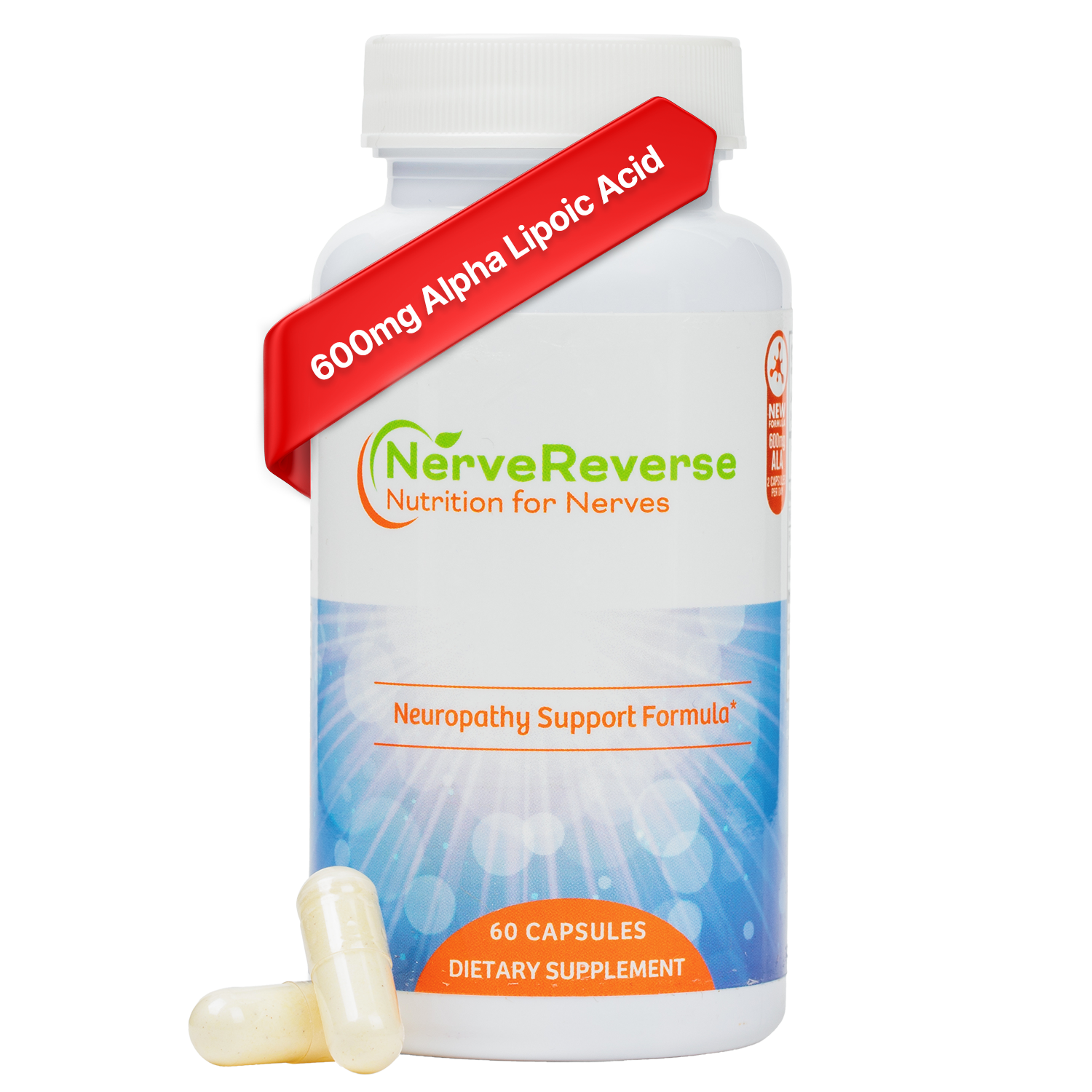Supplement bottle labeled 'NerveReverse' with a red label on a white background