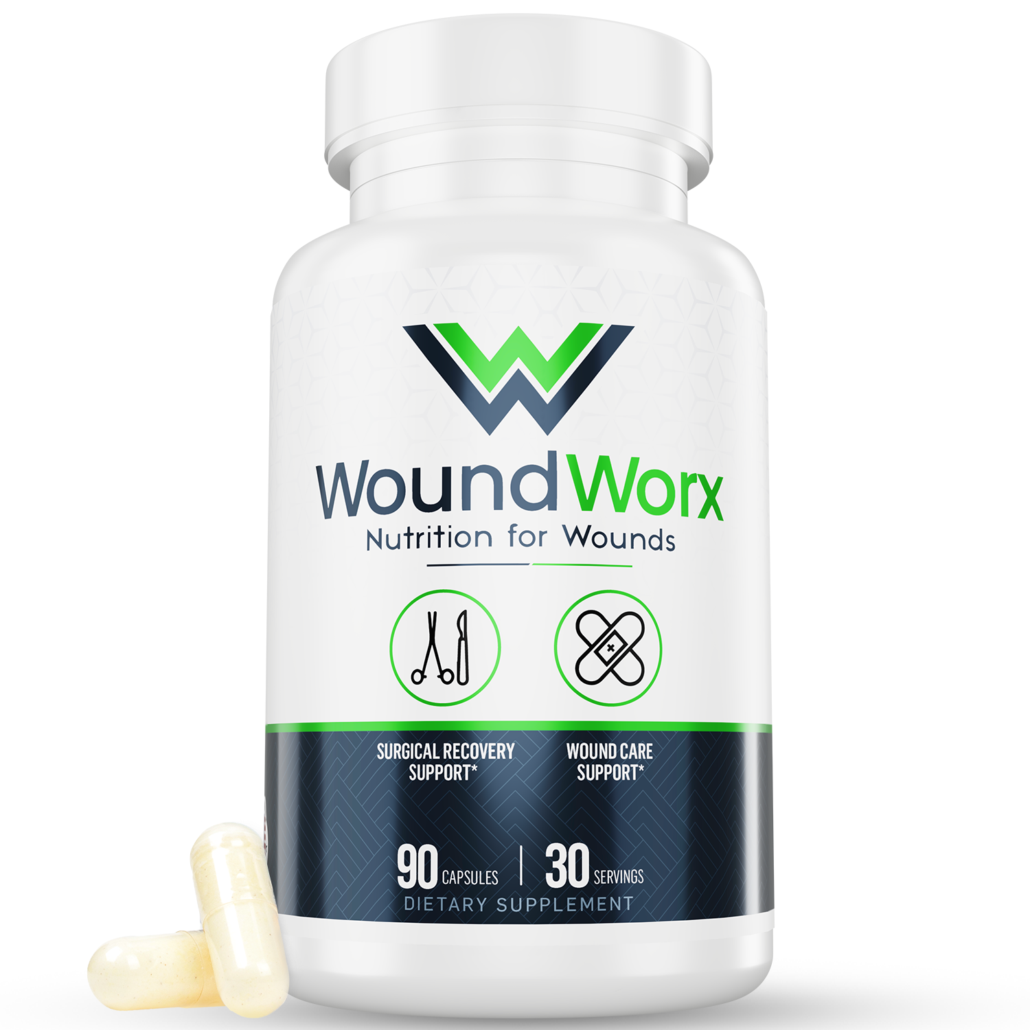 Bottle of WoundWorx dietary supplement with capsules on a white background