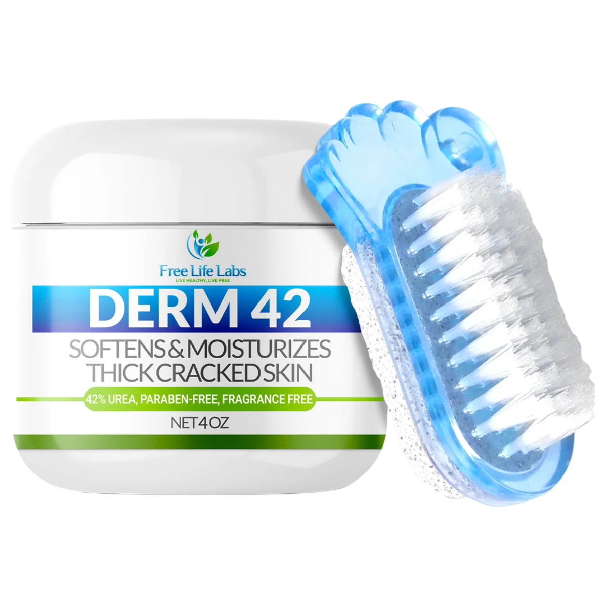 Derm 42 jar with a foot scrubber on a white background