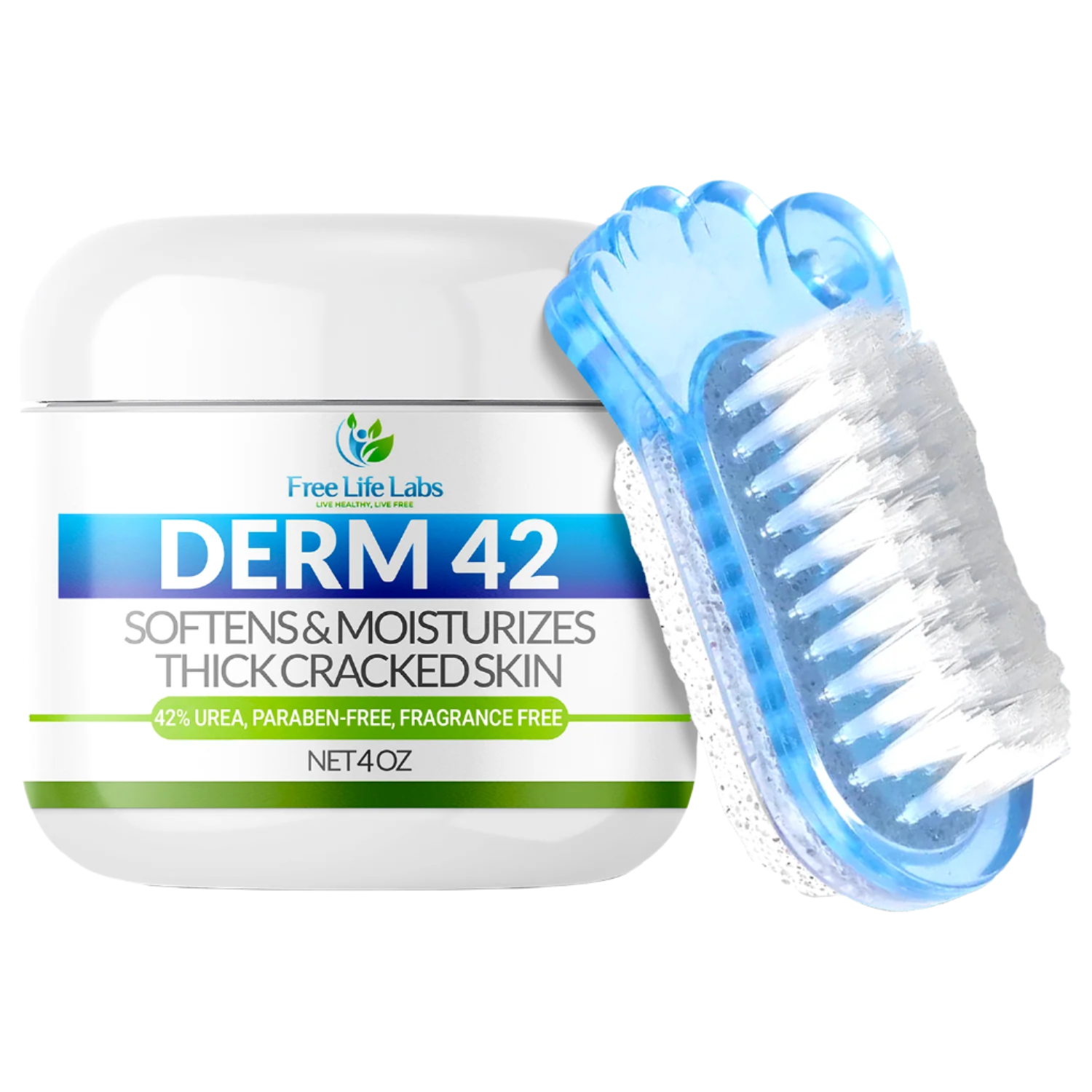 Derm 42 jar with a foot scrubber on a white background