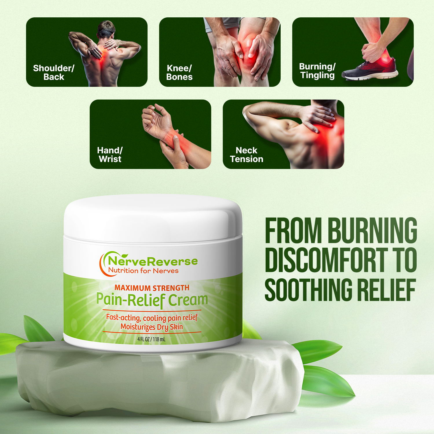 NerveReverse Pain-Relief Cream jar with images of body parts experiencing discomfort on a green background.