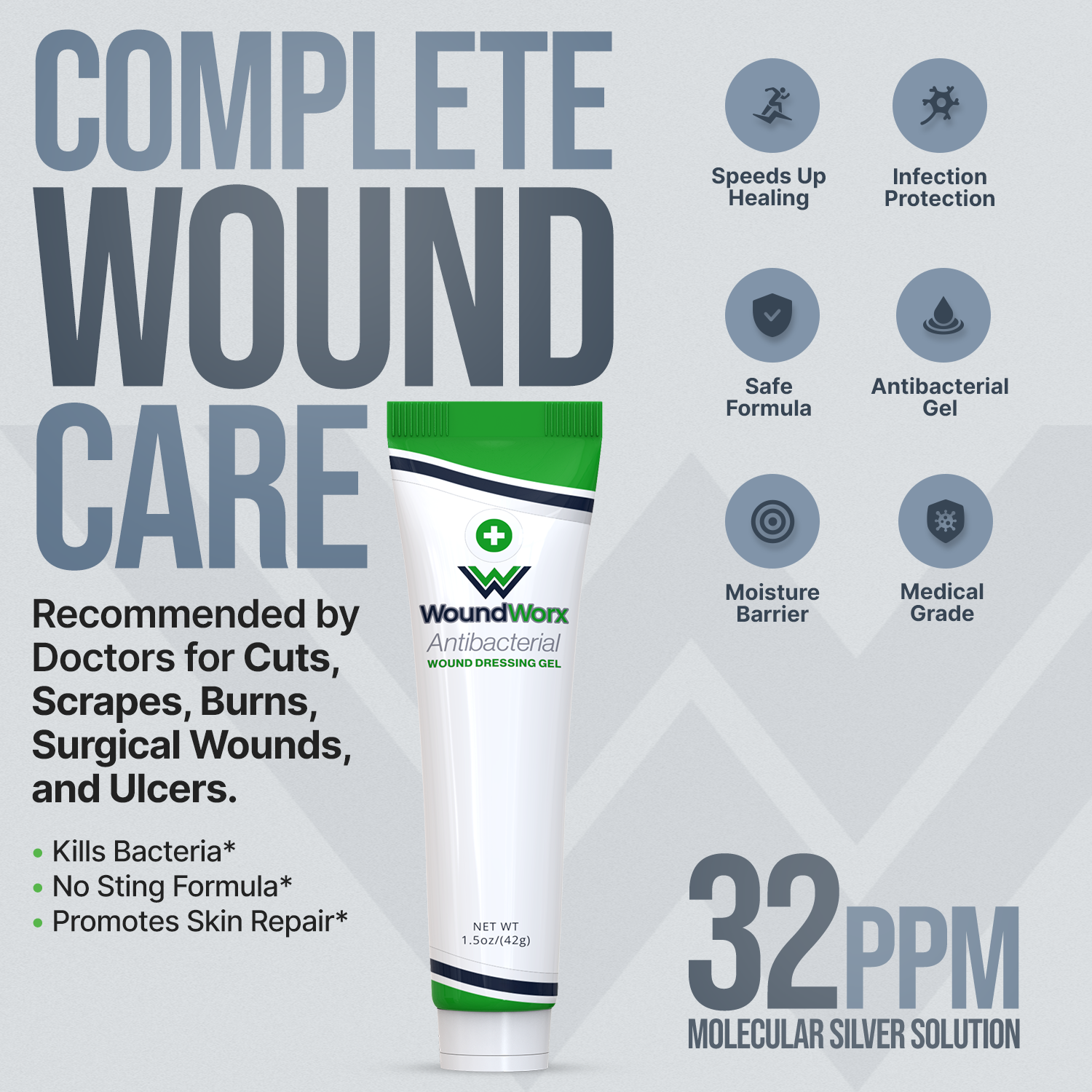 Wound care product with features listed on a gray background