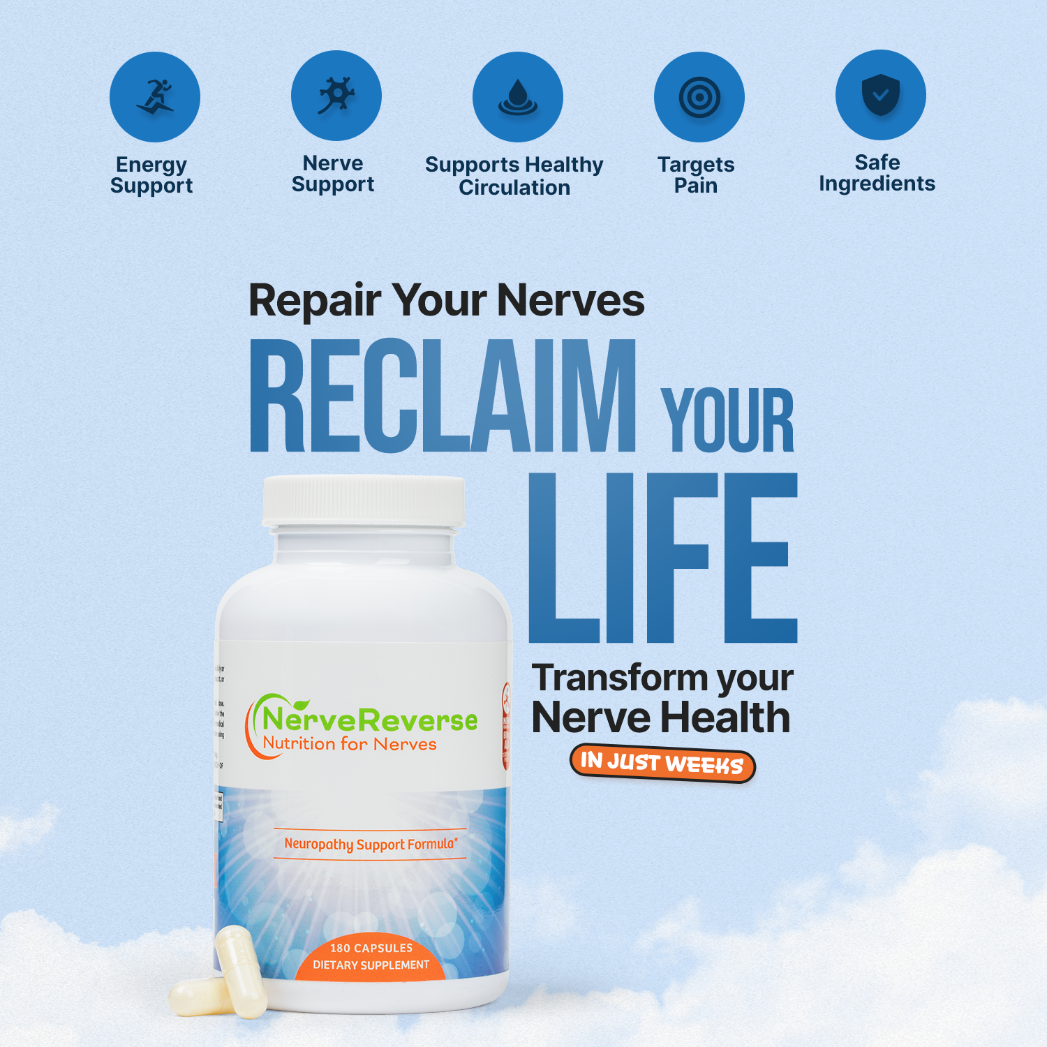 Supplement bottle labeled 'NerveReverse' with text about nerve support and life improvement on a blue background.