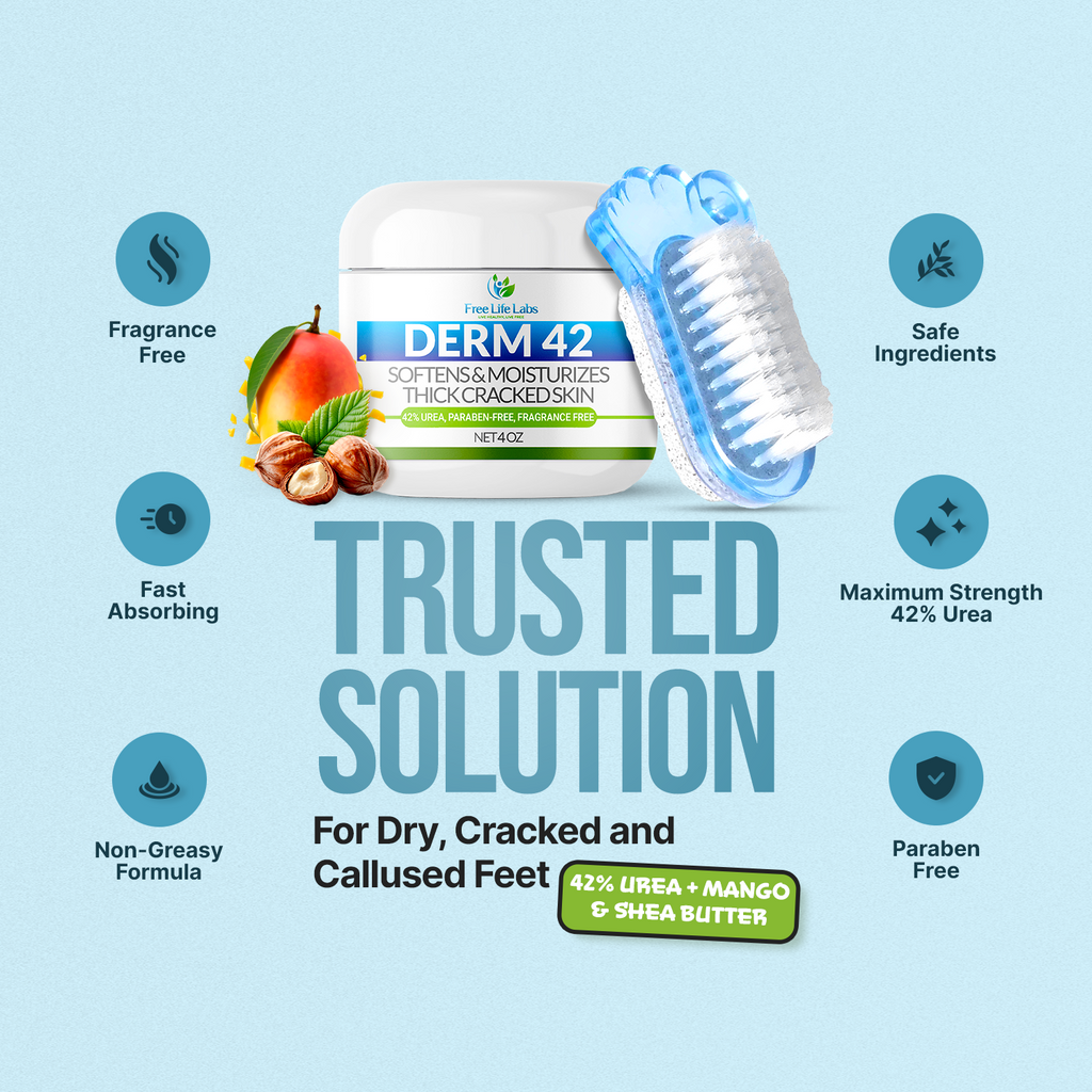 Derm 42 foot cream with product features on a light blue background