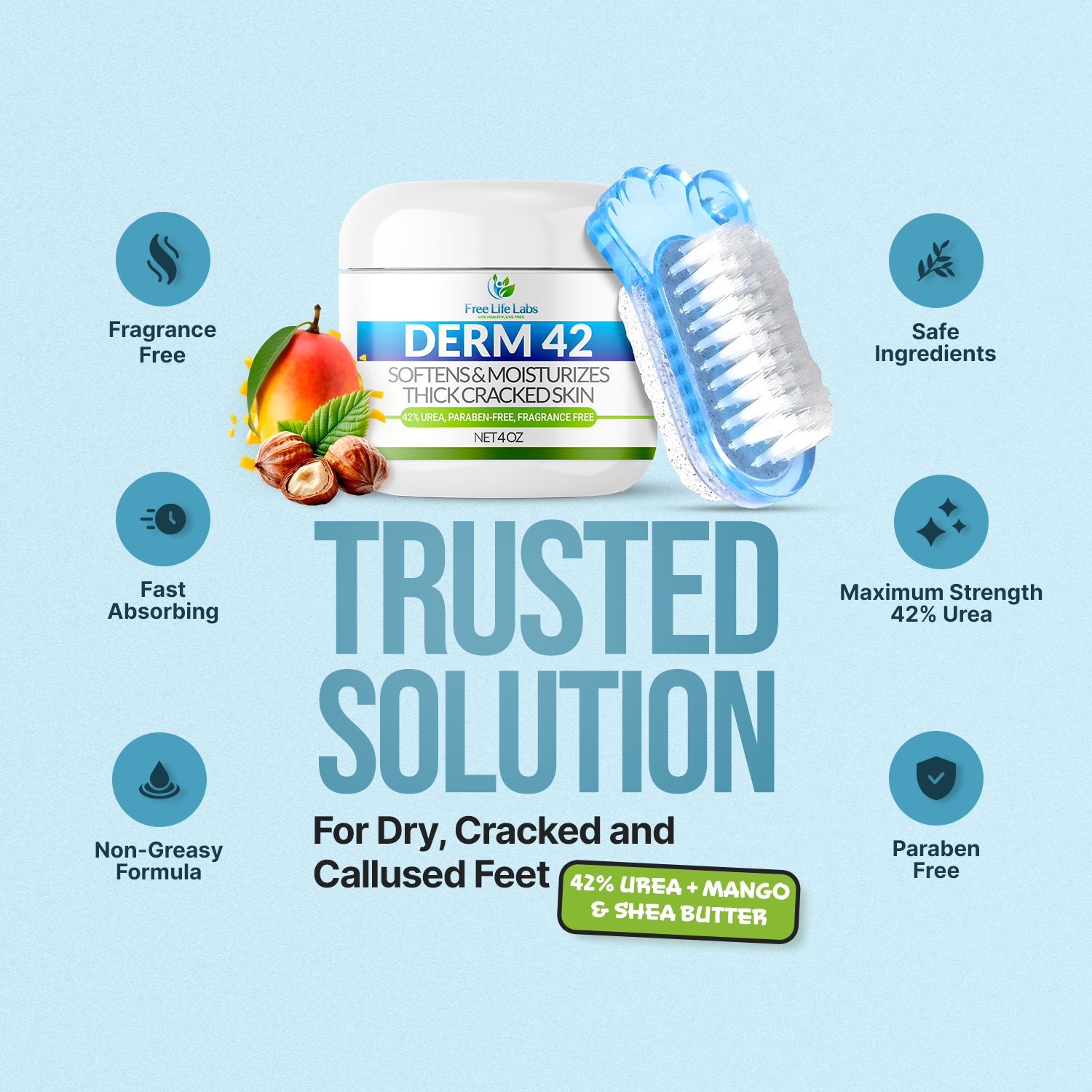 Derm 42 foot cream with product features on a light blue background