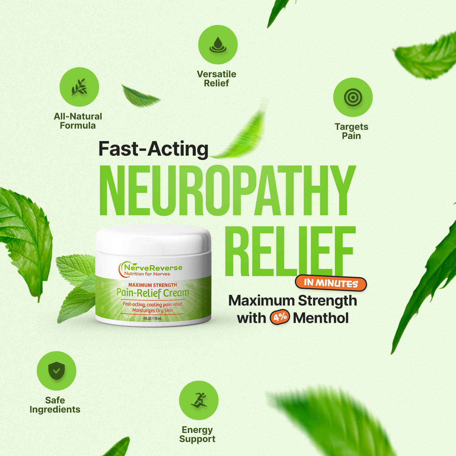Neuropathy relief cream packaging with green leaves on a light green background