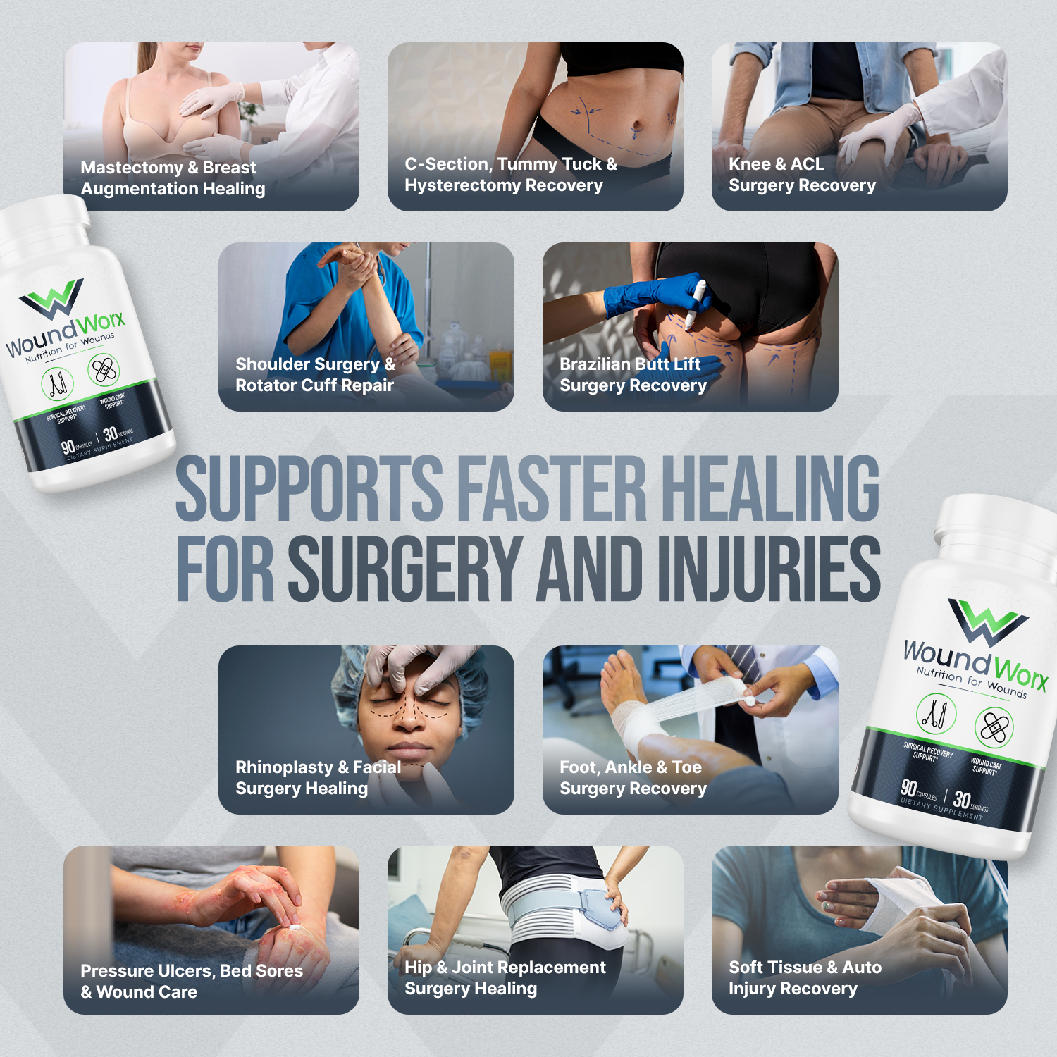 Advertisement for Wound Werx product showing images of surgeries and injuries with text about faster healing.