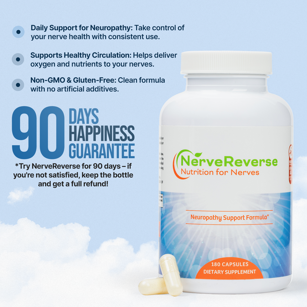 NerveReverse supplement bottle with product details on a light blue background