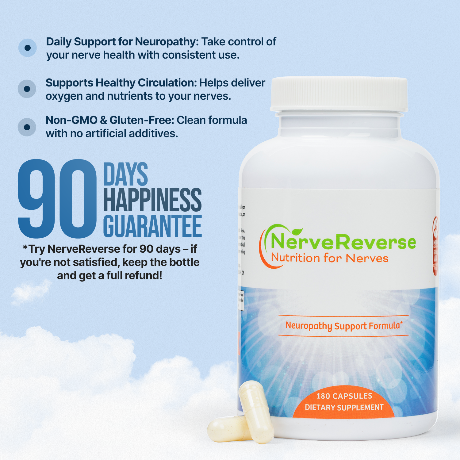 NerveReverse supplement bottle with product details on a light blue background