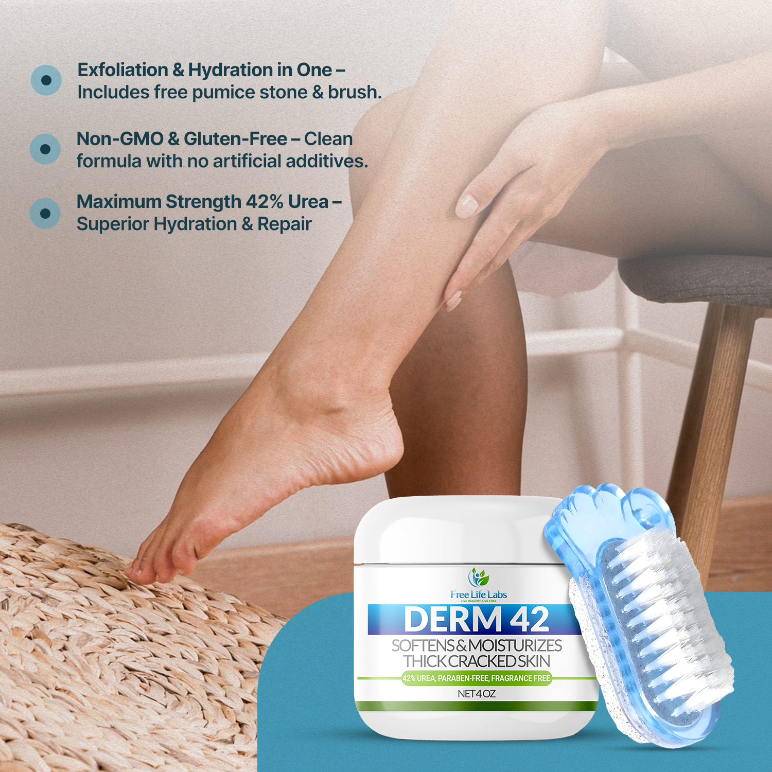 Derm 42 skincare product with a brush and exfoliating stone on a blue surface.