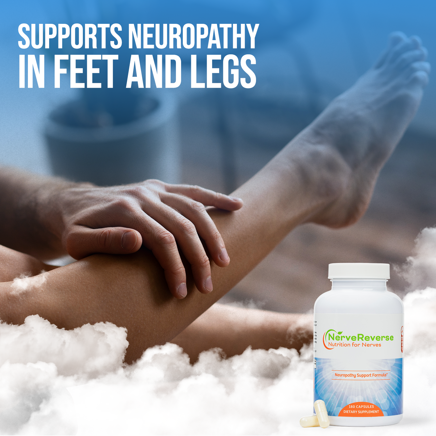Bottle of NerveRevenge with a foot and leg in the background, promoting neuropathy support.