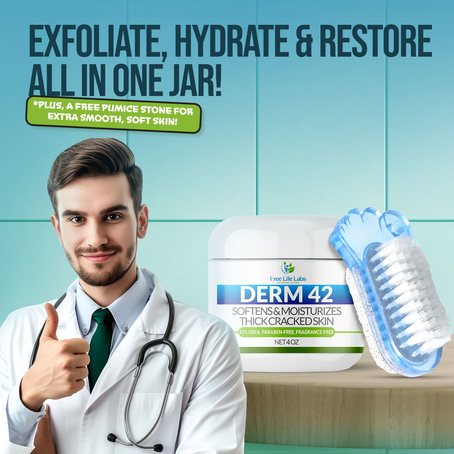 Doctor in a white coat with Derm 42 product and scrubber on a blue tiled wall background