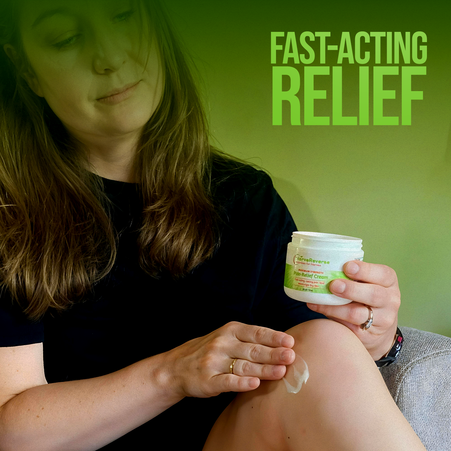Woman applying cream to her knee with 'Fast-Acting Relief' text on a green background