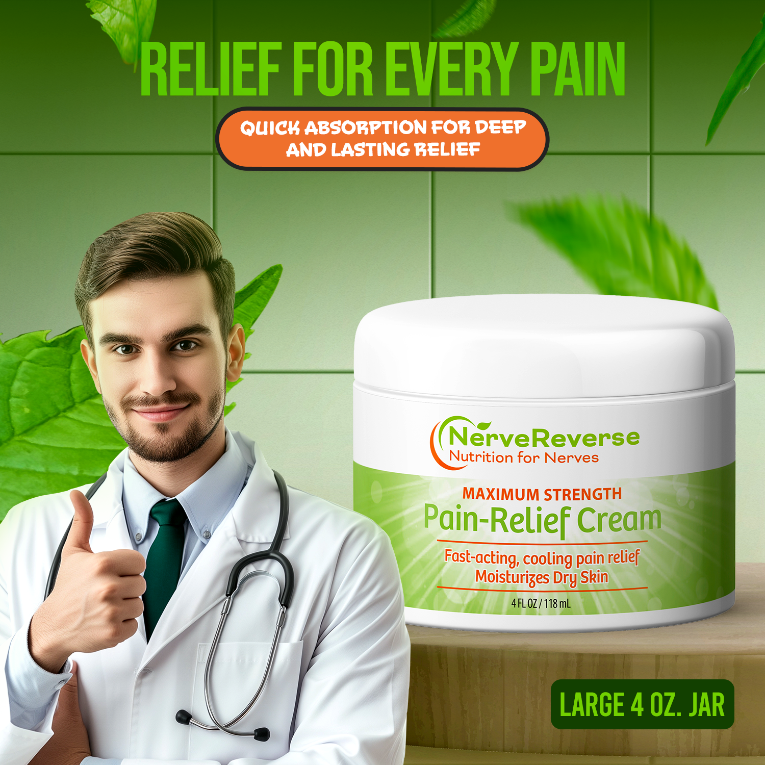 Doctor with a jar of NerveReverse Pain Relief Cream against a green tiled background