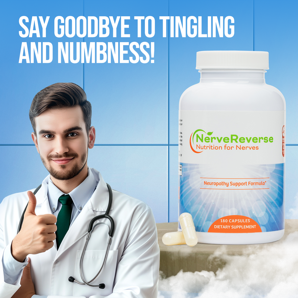 Doctor giving a thumbs up next to NerveReverse supplement bottle with text 'Say goodbye to tingling and numbness!'.