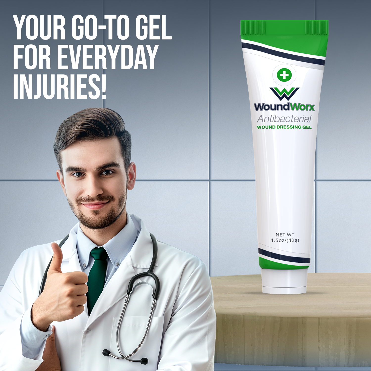 Wound dressing gel with a doctor giving a thumbs up on a gray background