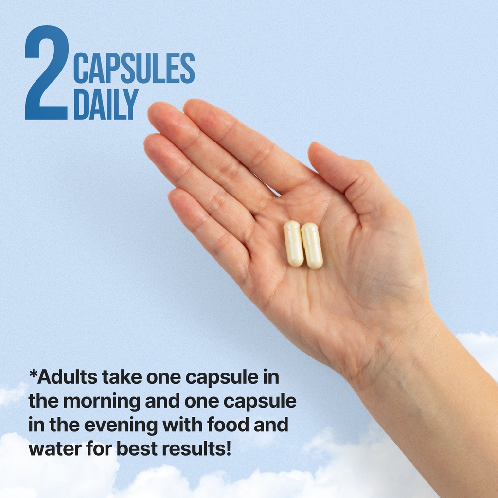 Hand holding two capsules with text about daily dosing on a blue background
