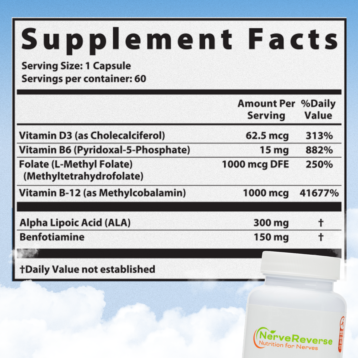 Supplement facts label with vitamins and nutrients on a cloudy sky background