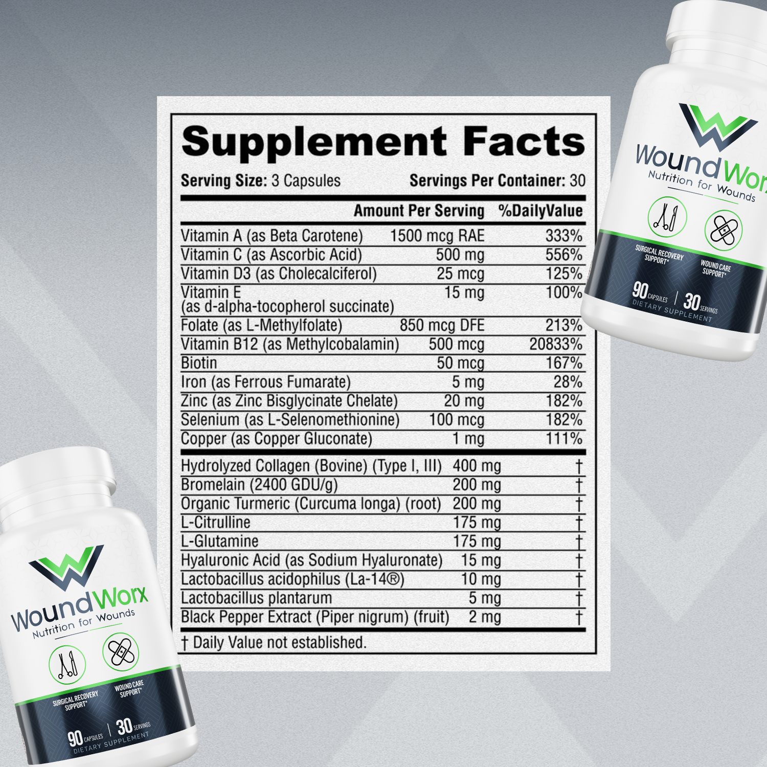 Supplement facts label with WoundWorx packaging on a gray background