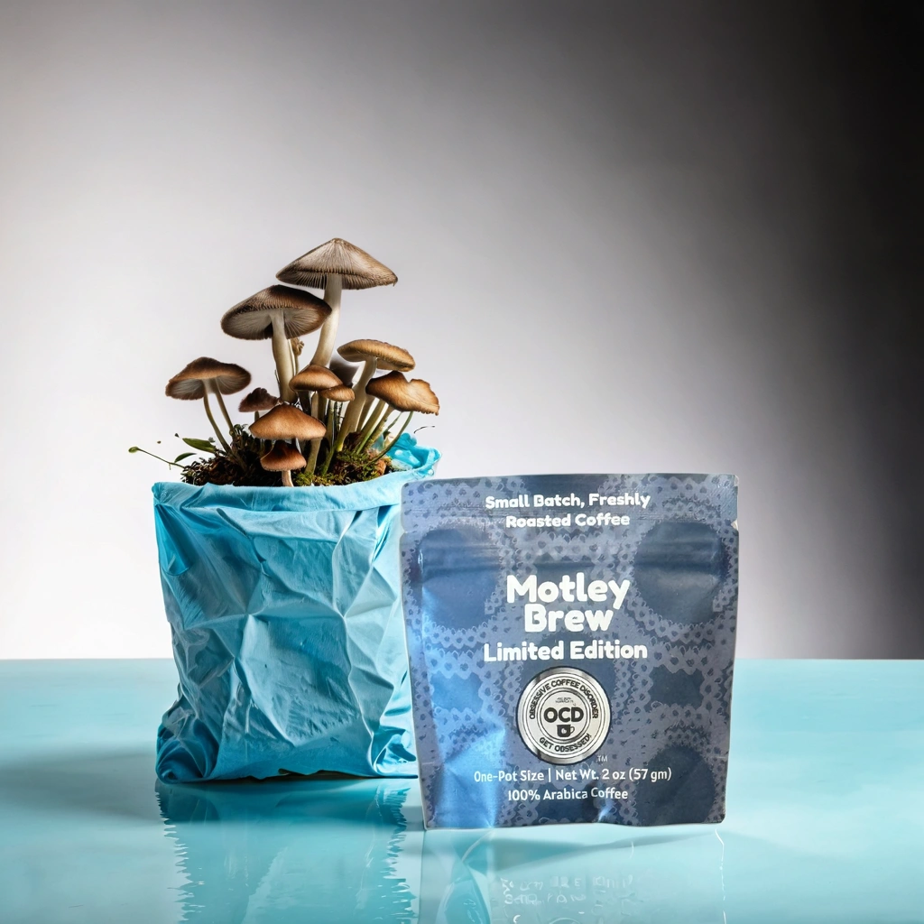 Mushrooms growing out of a blue bag next to a Motley Brew coffee package on a reflective surface.