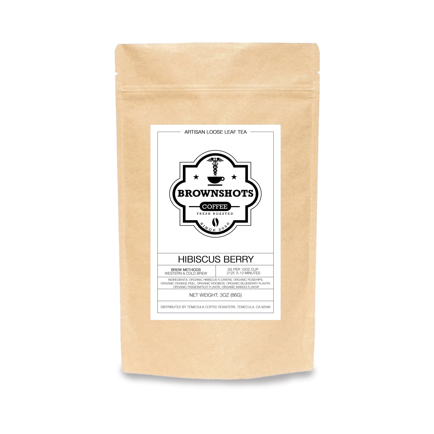 Brown paper tea bag with a label on a white background