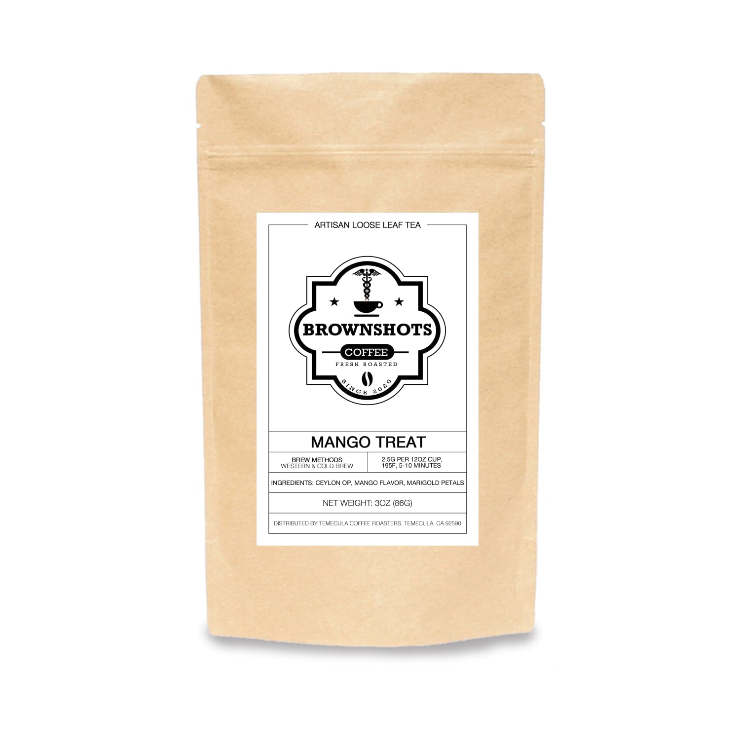 Kraft paper tea bag with a label for Brownshots Coffee on a white background