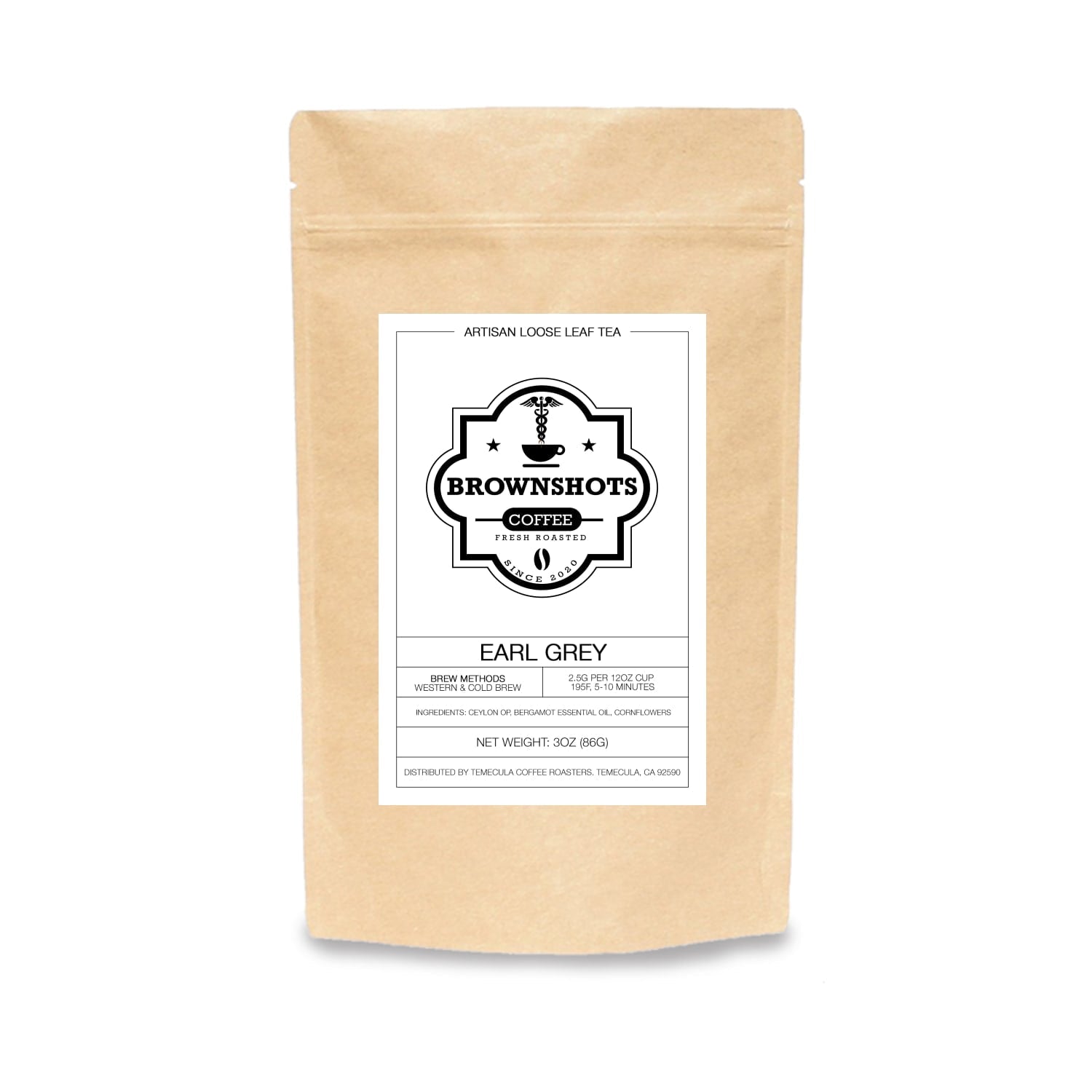 Brown paper bag of Brownshots Coffee Earl Grey tea on a white background