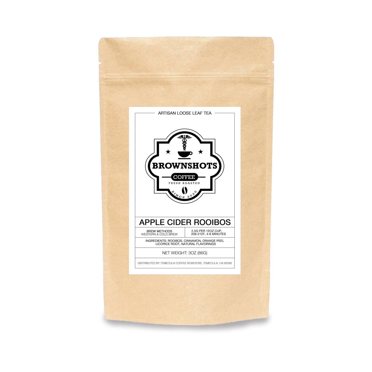 Kraft paper tea bag with a label for Brownshots Coffee on a white background