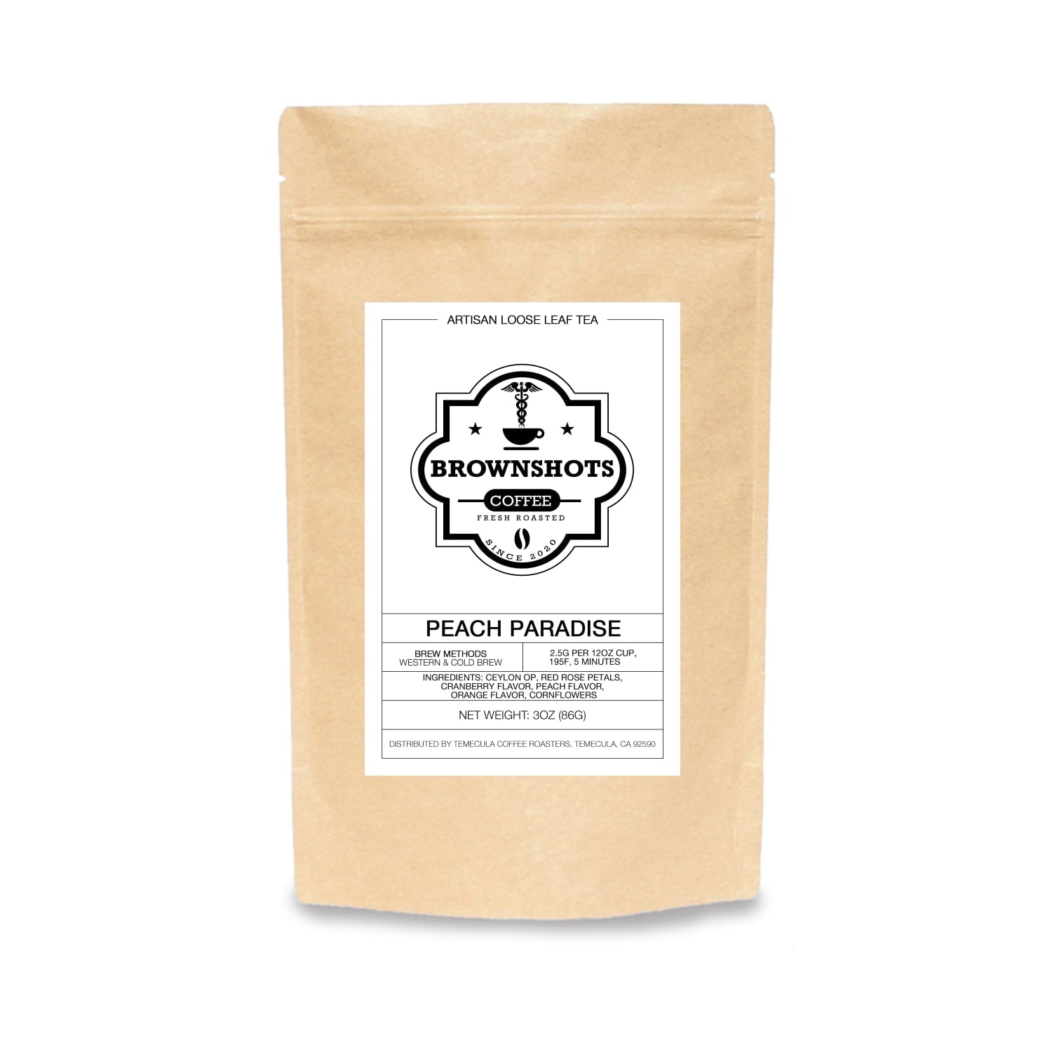 Kraft paper tea bag with a label for Brownshots Coffee on a white background