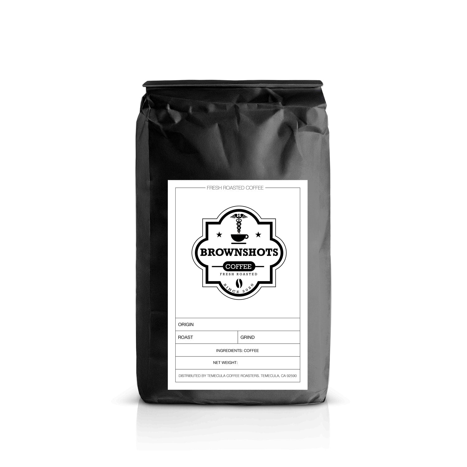 Black coffee bag with a label on a white background