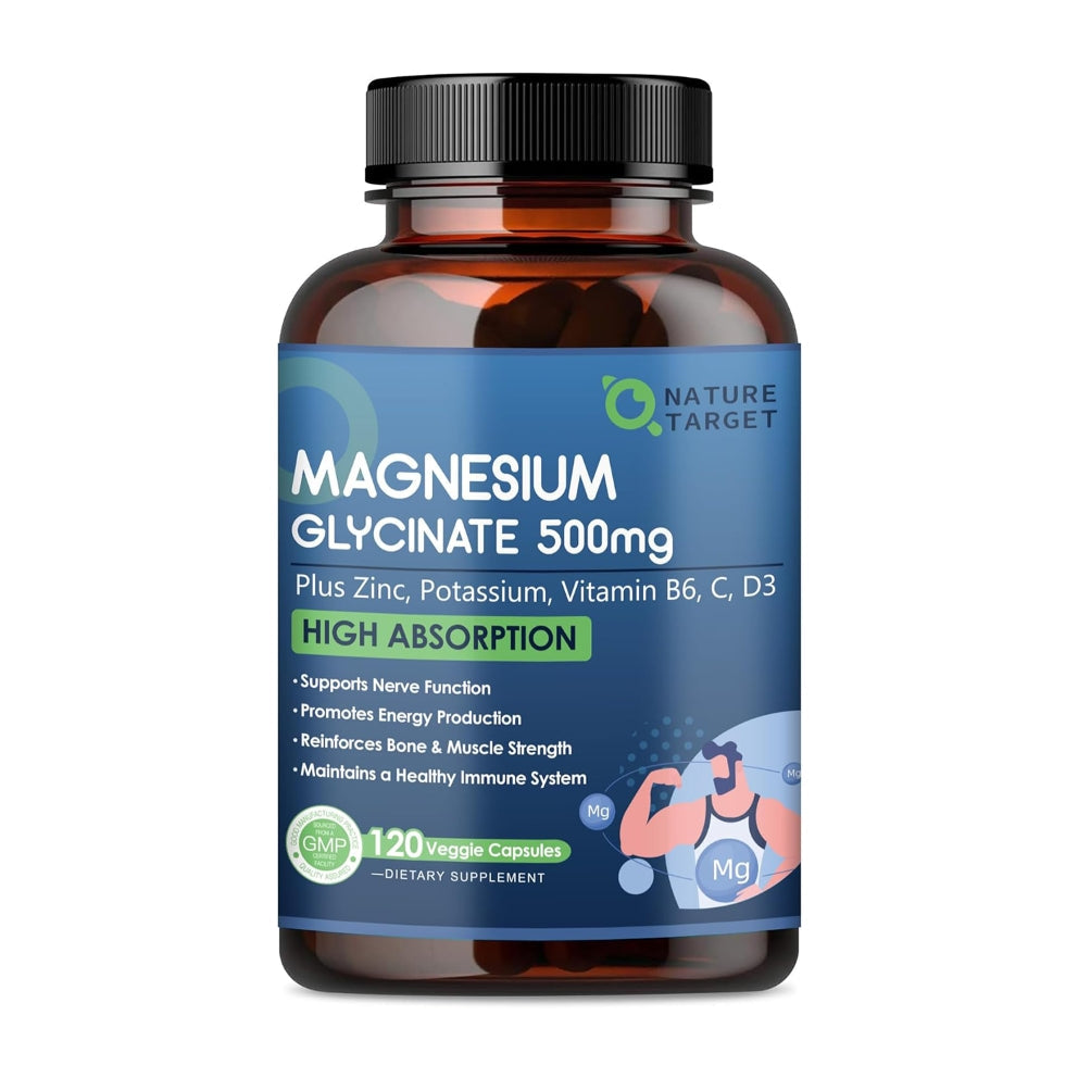 Supplement bottle labeled 'Magnesium Glycinate 500mg' by Nature Target on a white background