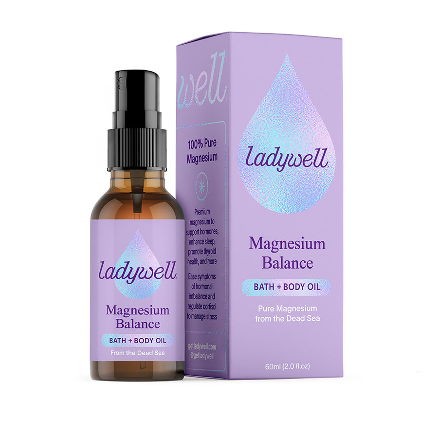 Ladywell Magnesium Balance bath and body oil with packaging on a white background