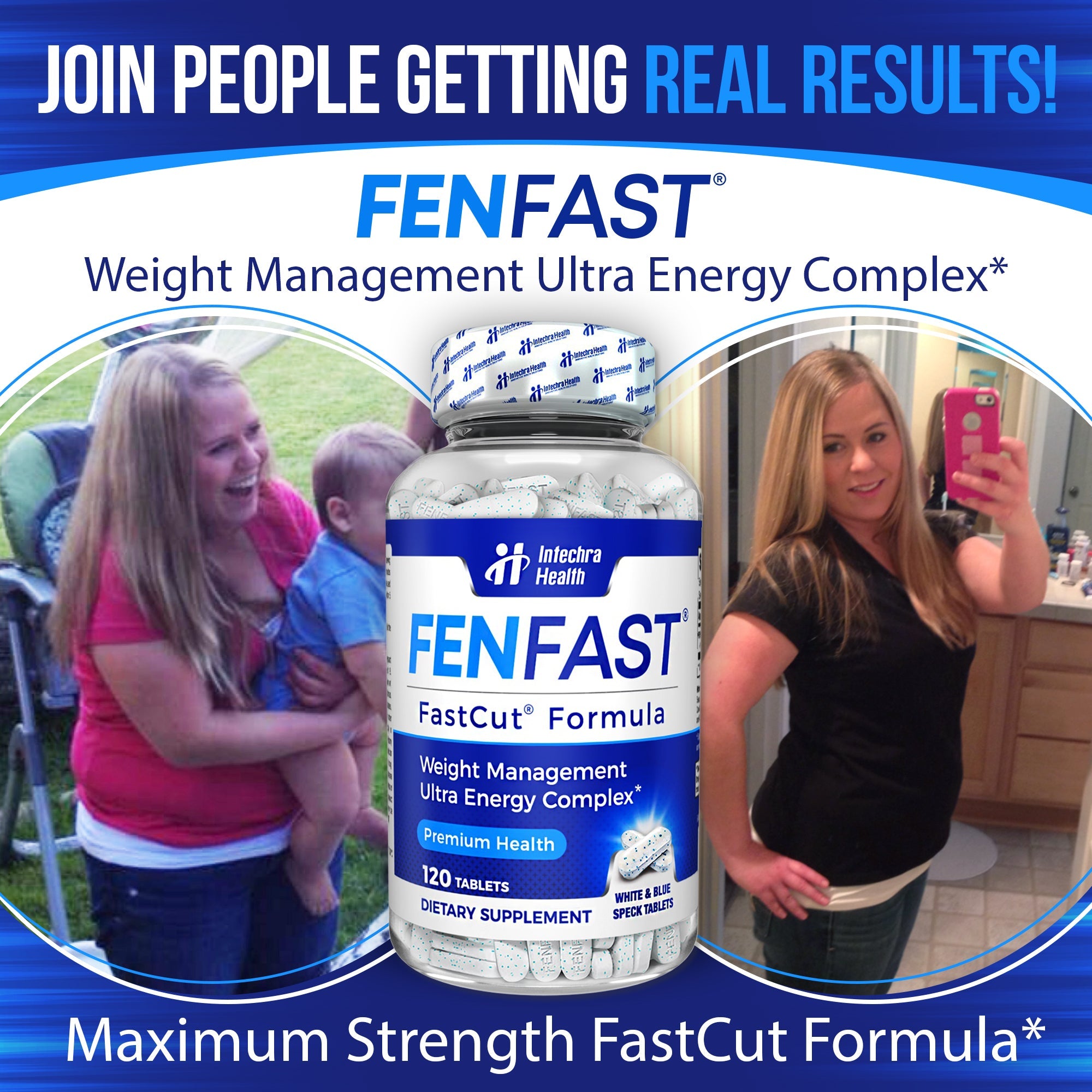 FENFAST weight management supplement bottle with promotional text and images of people using it.