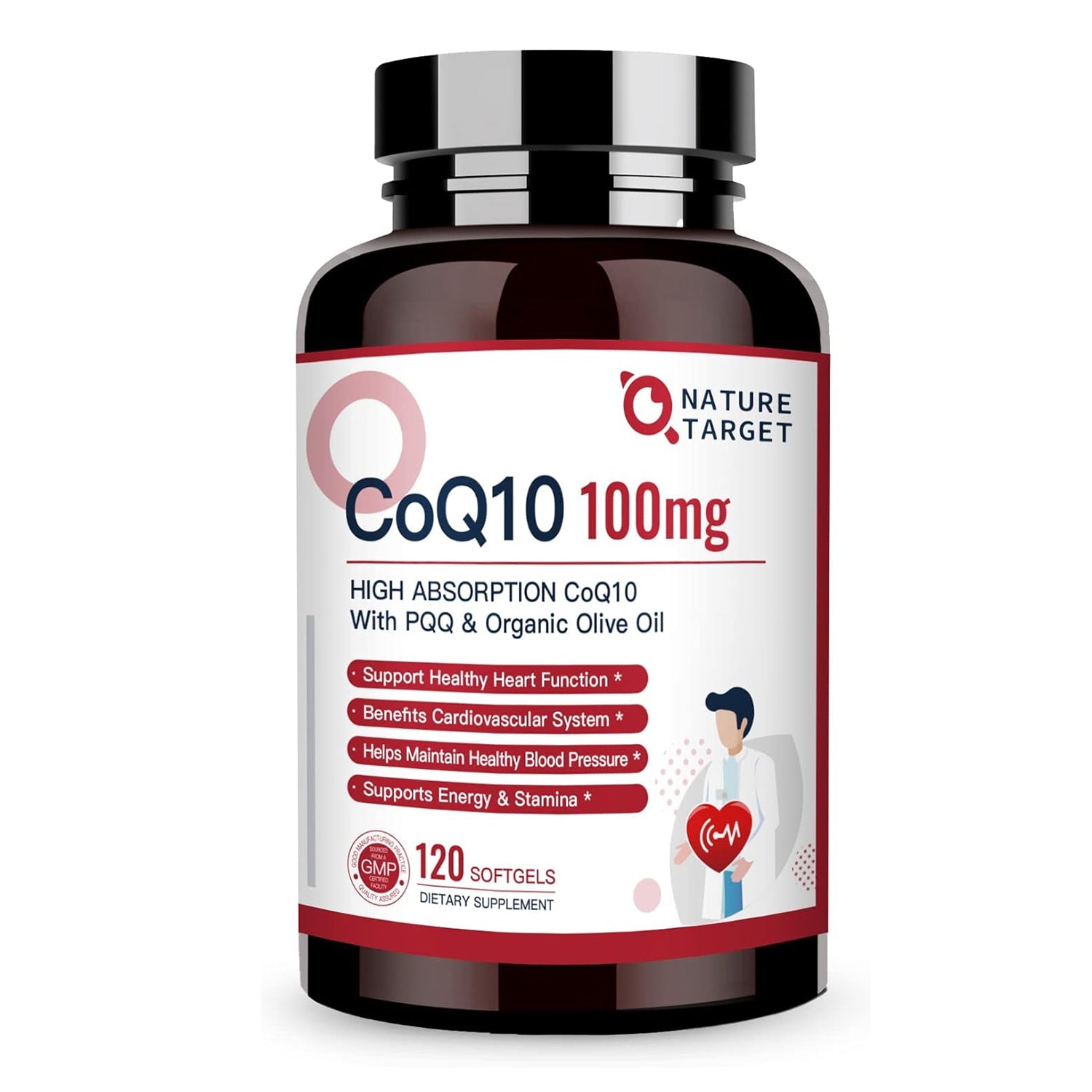Supplement bottle labeled 'CoQ10 100mg' by Nature Target on a white background