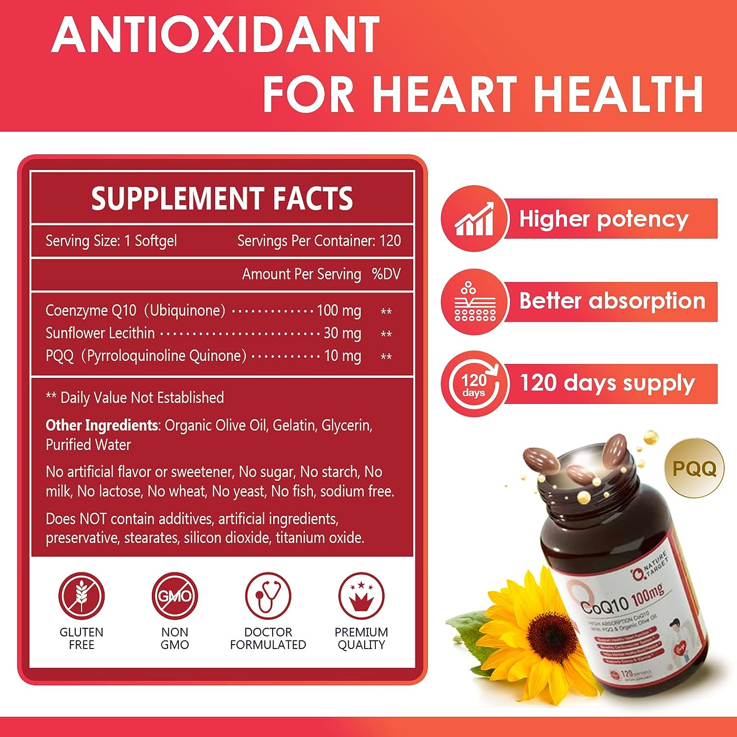 Supplement packaging with CoQ10 for heart health, featuring supplement facts and product details.
