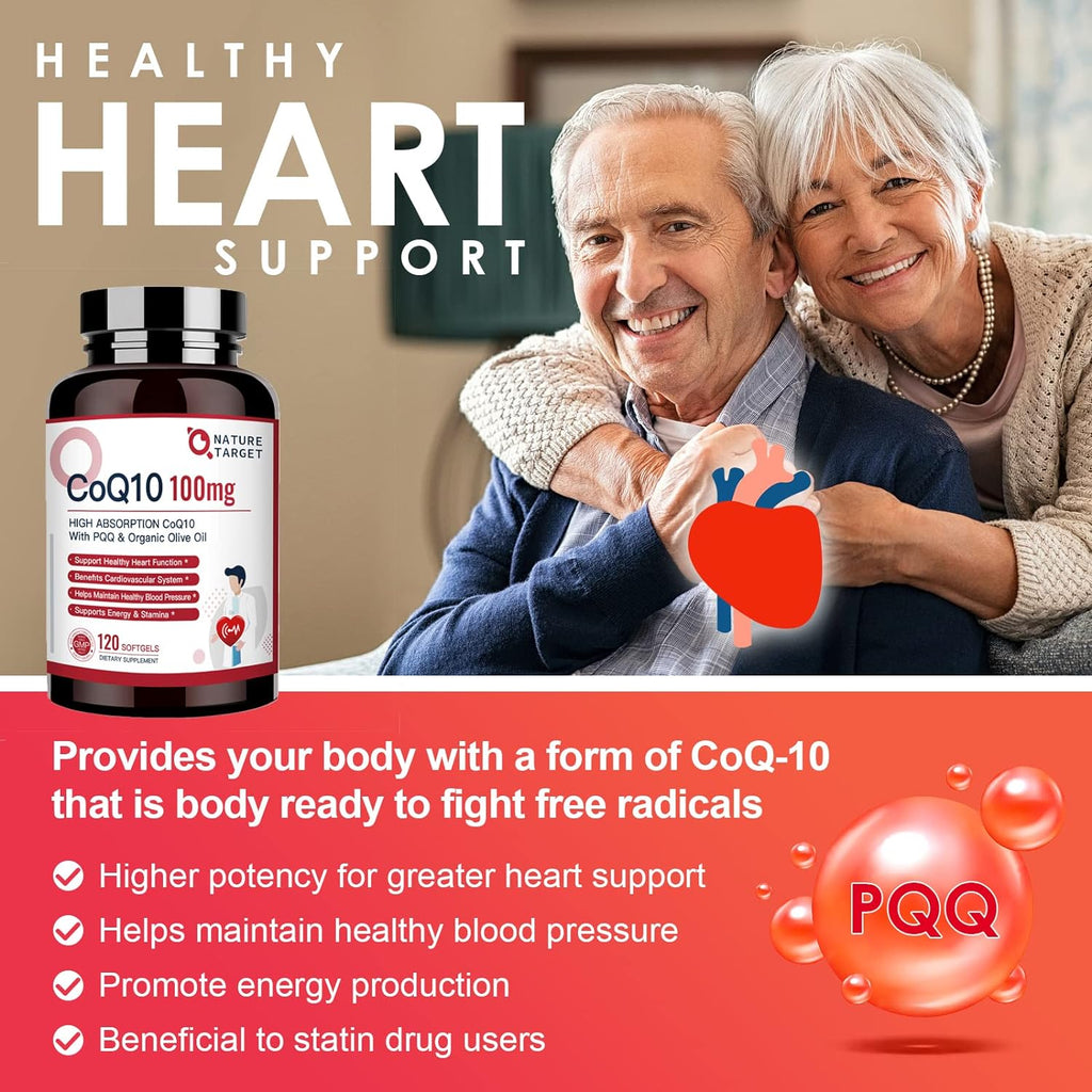 Advertisement for CoQ10 supplement with elderly couple holding a heart symbol, featuring text about healthy heart support.