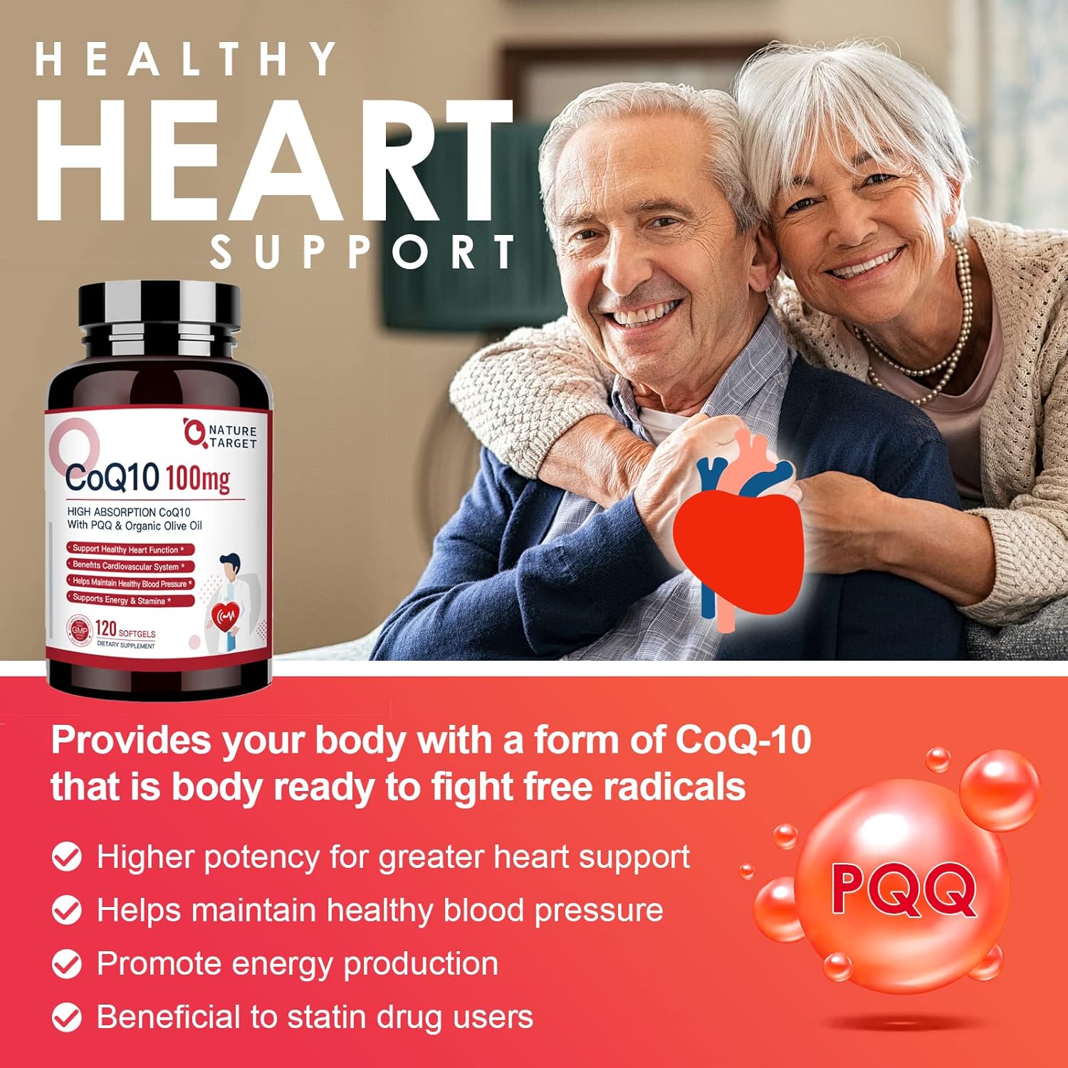 Advertisement for CoQ10 supplement with elderly couple holding a heart symbol, featuring text about healthy heart support.