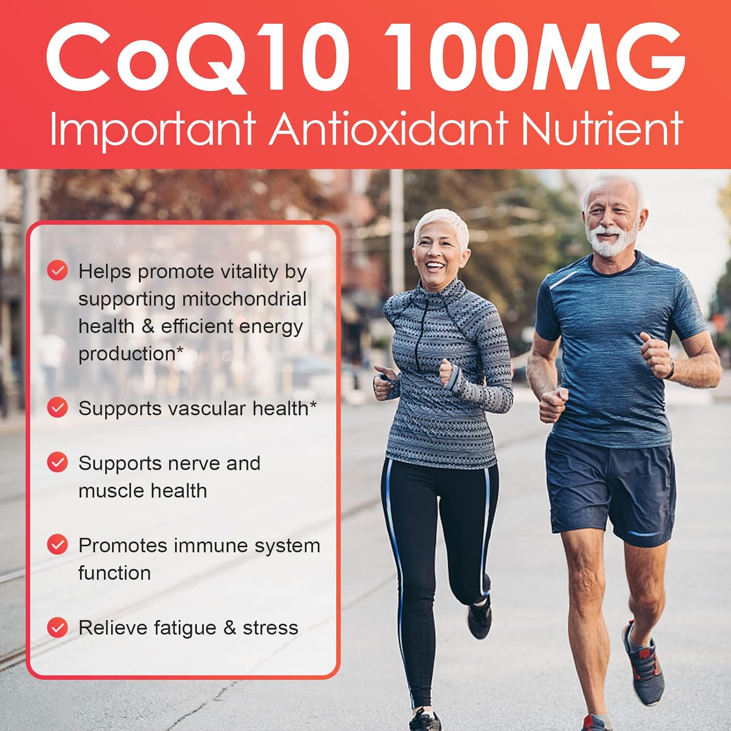 Two people running outdoors with CoQ10 supplement information on a red background