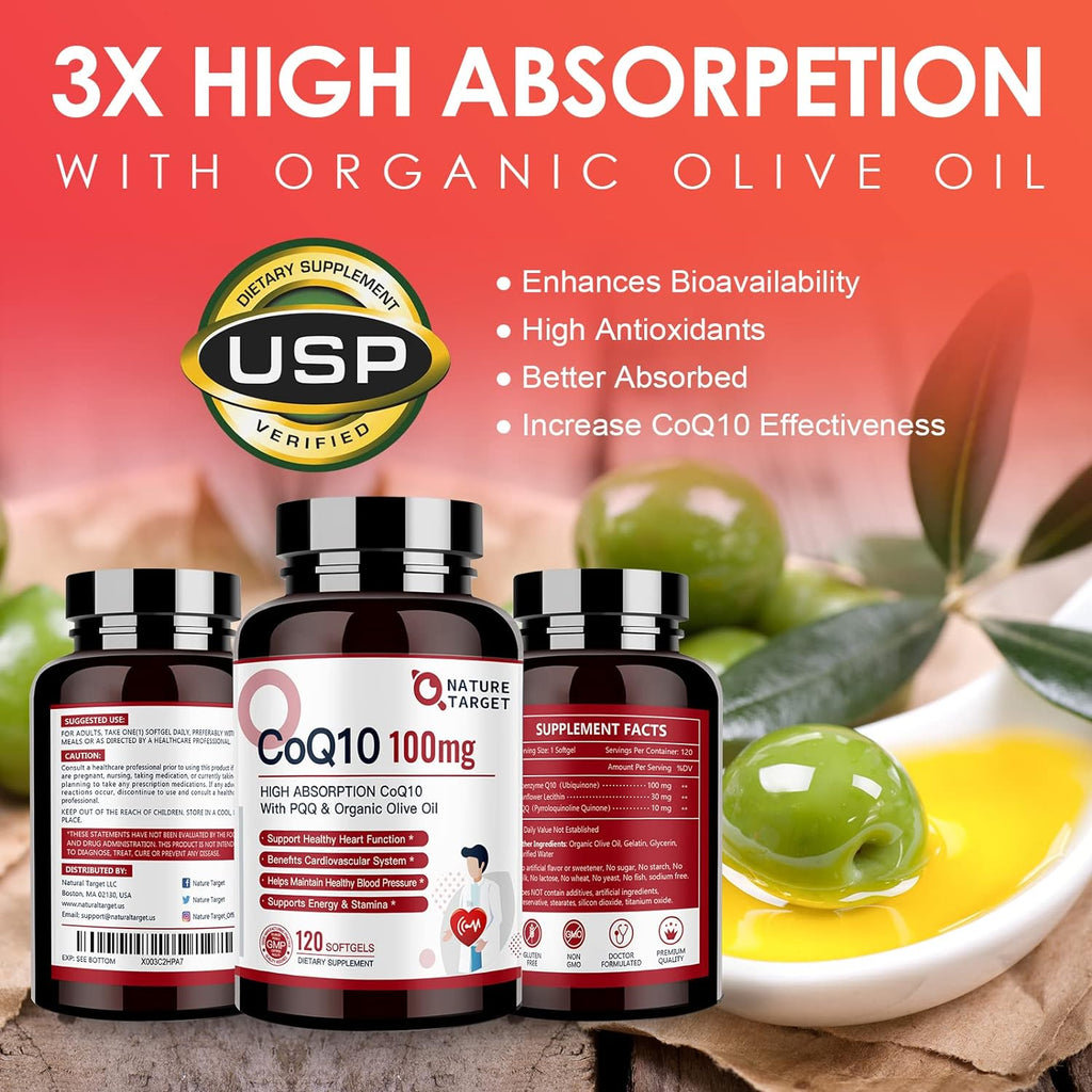 Supplement bottles with USP Verified logo and olive oil on a wooden surface