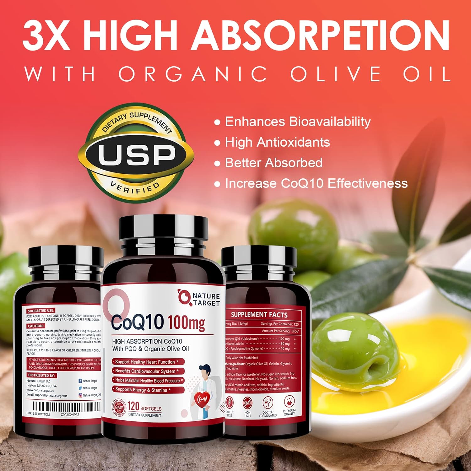 Supplement bottles with USP Verified logo and olive oil on a wooden surface