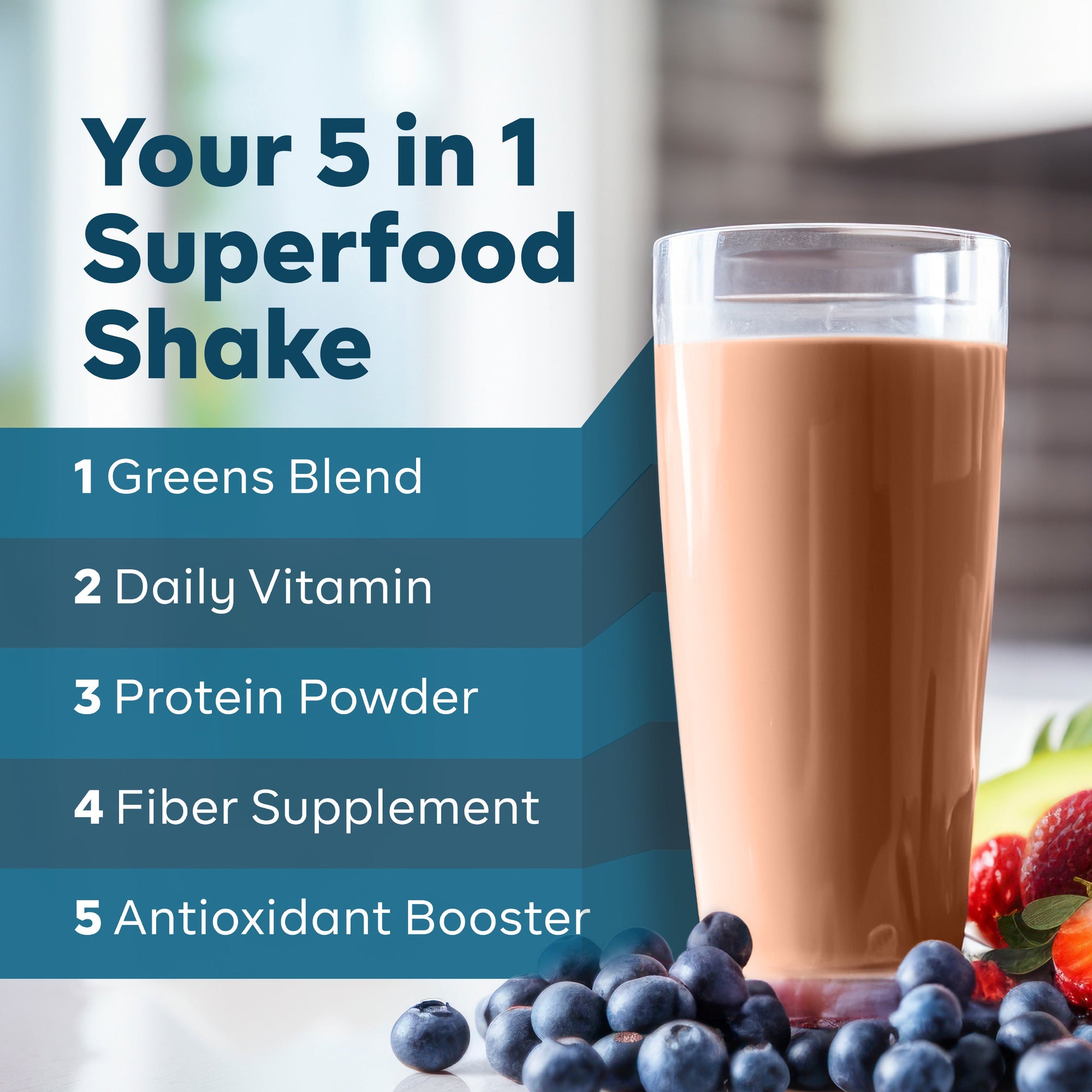 Glass of superfood shake with ingredients and text highlighting its benefits