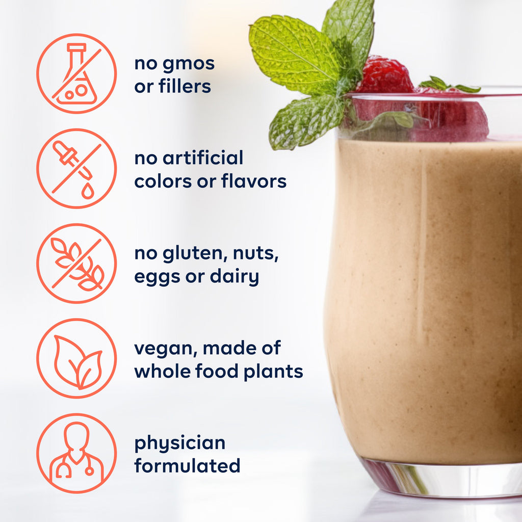 Glass of smoothie with health benefits text and icons on a white background