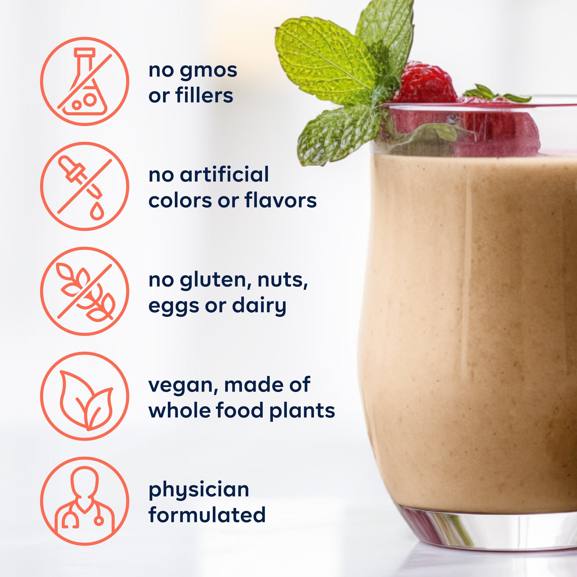 Glass of smoothie with health benefits text and icons on a white background