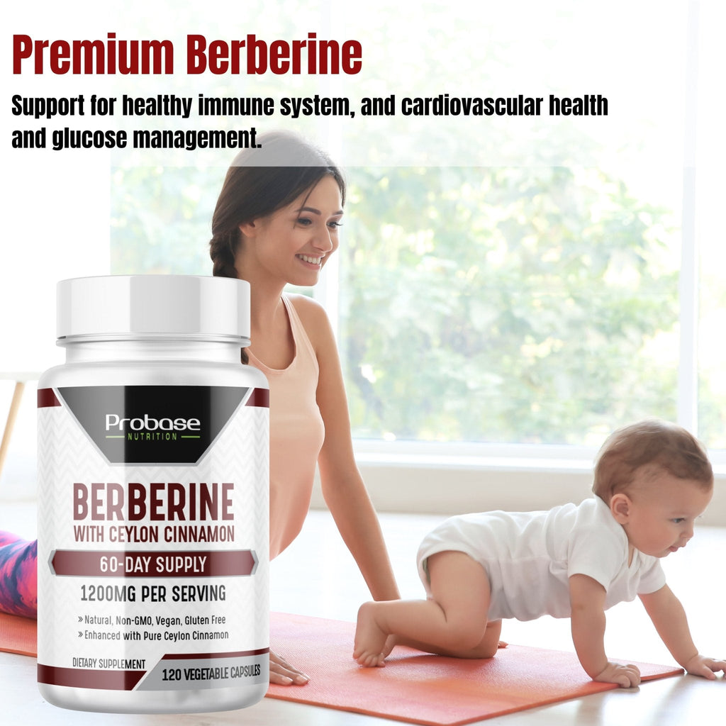Probase Nutrition Berberine supplement bottle with a woman and child in the background