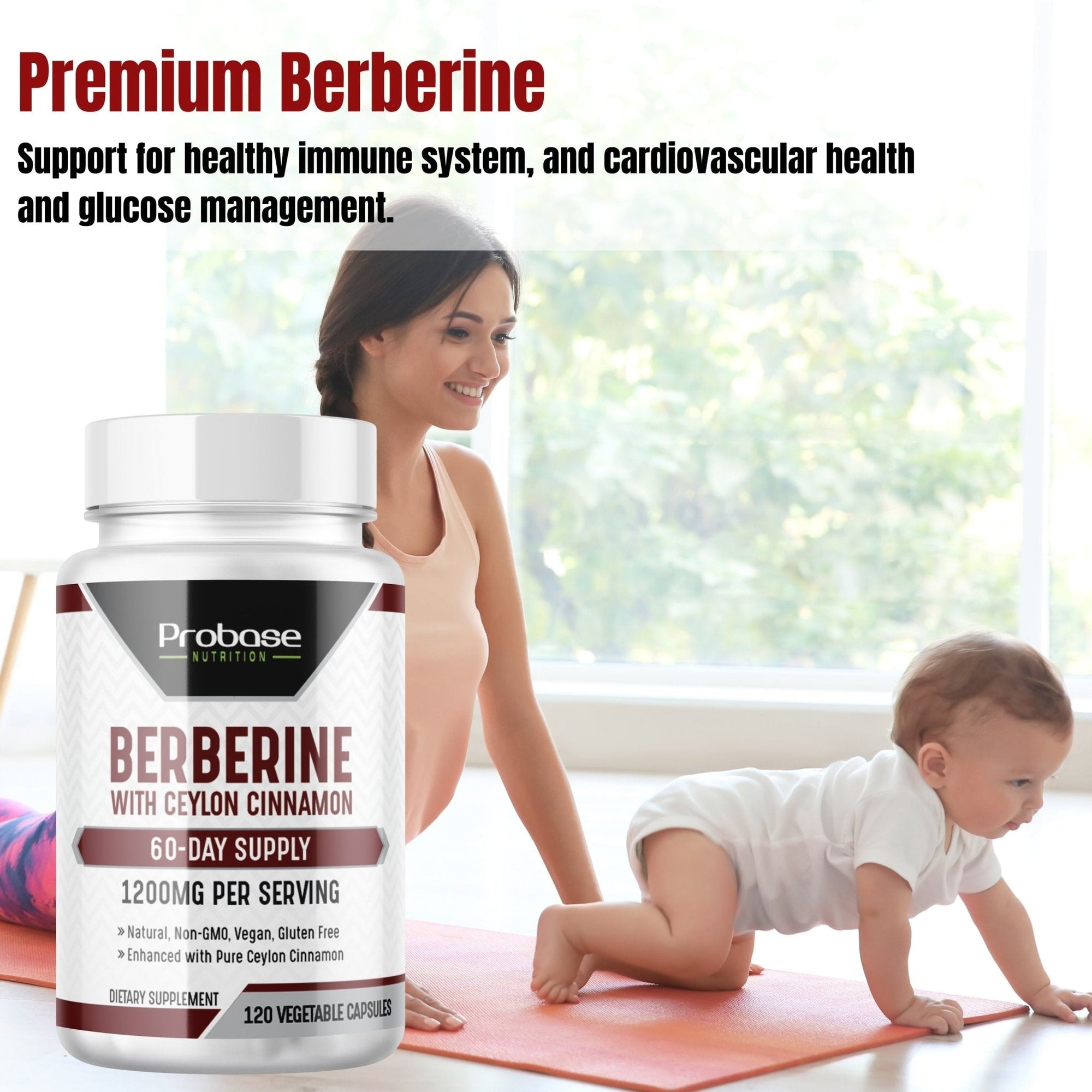 Probase Nutrition Berberine supplement bottle with a woman and child in the background