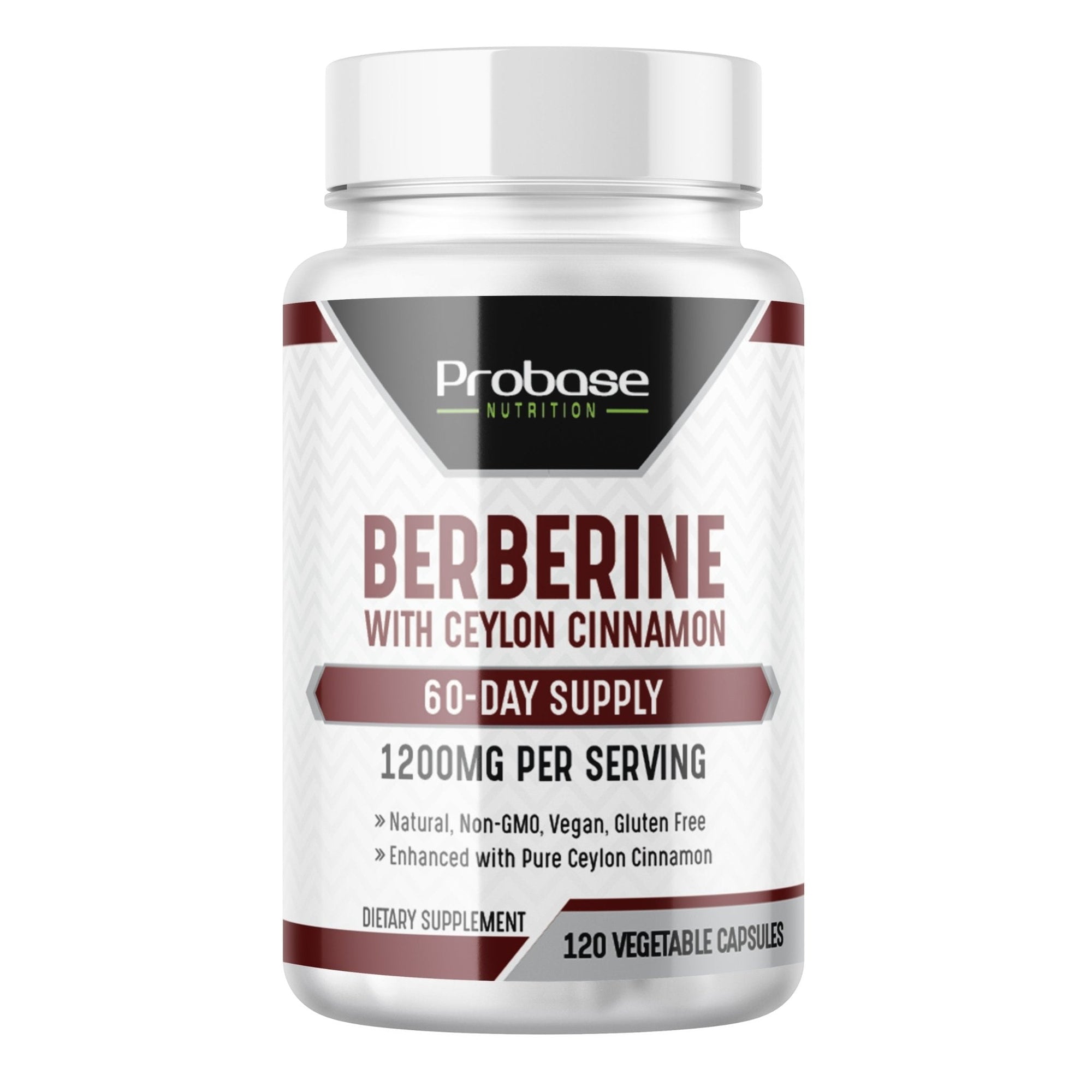Supplement bottle labeled 'Berberine with Ceylon Cinnamon' by Probase Nutrition on a white background