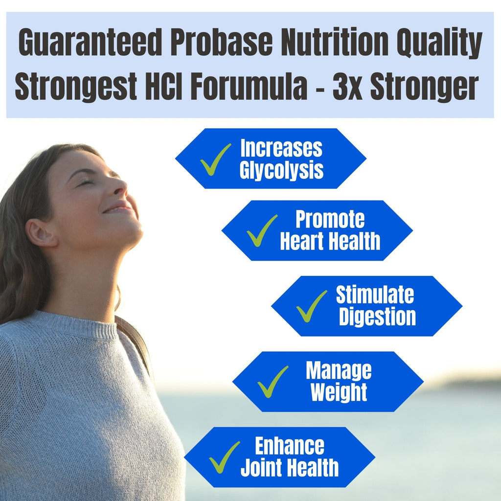 Advertisement for Probase Nutrition with a woman looking up and text highlighting product benefits.